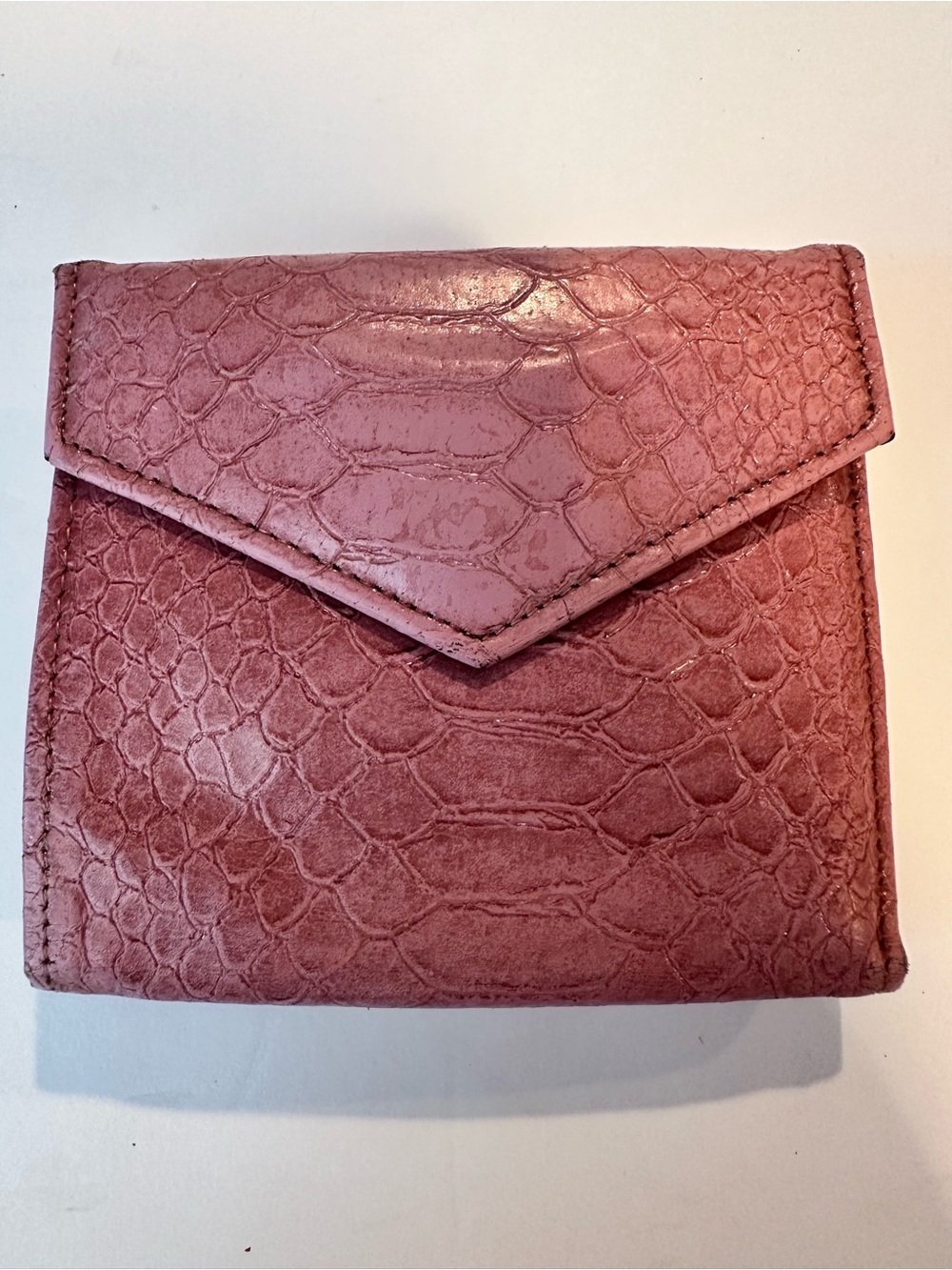 Top Grain Genuine Leather Compact Pink Faux-Snakeskin Envelope Wallet